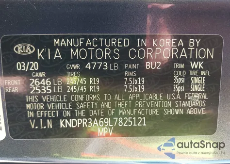 2020 Kia Sportage Sx Turbo z USA, uszkodzony, nr VIN KNDPR3A69L7825121